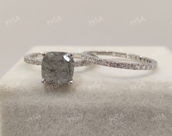 2.30Ct salt and pepper cushion Cut Engagement Wedding Ring set in 935 Argentium Silver,salt and pepper ring,Gift for women,rings for womens