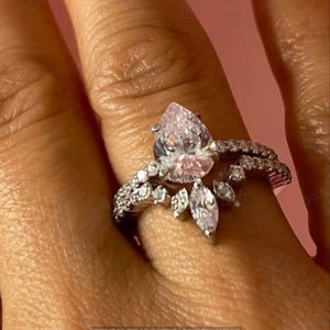 Anel de noivado antigo de 2,30 quilates com diamante lapidado em formato de pera branca em prata 935 Argentium, conjunto de alianças de casamento, anéis para mulheres, anel de noivado em formato de pera, presente