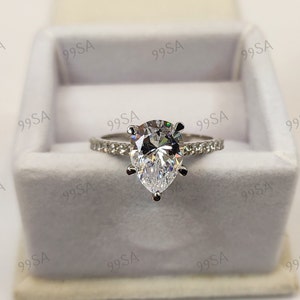Anel de casamento de noivado com diamante de lapidação de pêra branca de 2,30 quilates em prata Argentium 935, anel de destaque Silotaire, anel exclusivo, anel de noivado, presente exclusivo