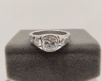 bezel set ring,vintage 2.10 ct white cushion cut diamond engagement wedding ring in 925 sterling silver,five stone ring,art deco ring
