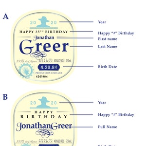 May include: Two examples of personalised birthday labels for bottles. The first label is for a 35th birthday for Jonathan Greer. The second label is for a birthday for Jonathan Greer. Both labels have a blue and white design with the year 2020 and the date 4.20.84.