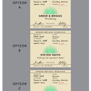 K&ouml;nnte beinhalten: Drei Hochzeits-Etikettenoptionen f&uuml;r Tequila-Flaschen. Jedes Etikett zeigt eine gr&uuml;ne Agave-Pflanzengrafik, den Text "Greer + Briggs Wedding" und die W&ouml;rter "Best Man" oder "Wedding". Die Etiketten sind beige mit braunem Text und einem schwarzen Rand.