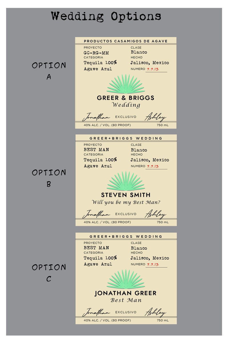 K&ouml;nnte beinhalten: Drei Hochzeits-Etikettenoptionen f&uuml;r Tequila-Flaschen. Jedes Etikett zeigt eine gr&uuml;ne Agave-Pflanzengrafik, den Text "Greer + Briggs Wedding" und die W&ouml;rter "Best Man" oder "Wedding". Die Etiketten sind beige mit braunem Text und einem schwarzen Rand.