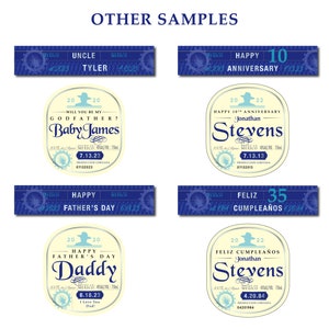 May include: A set of eight blue and white label designs for bottles. The labels feature different occasions, including birthdays, anniversaries, and Father's Day. The labels include text such as "Happy 10th Anniversary", "Feliz 35 Cumplea&ntilde;os", and "Happy Father's Day".