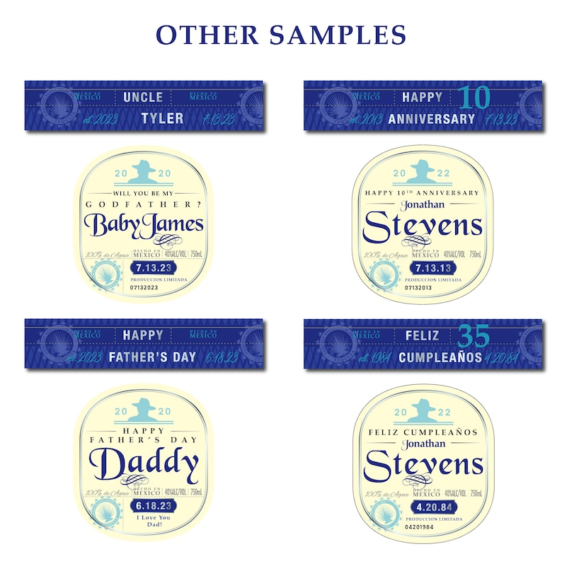 May include: A set of eight blue and white label designs for bottles. The labels feature different occasions, including birthdays, anniversaries, and Father's Day. The labels include text such as "Happy 10th Anniversary", "Feliz 35 Cumplea&ntilde;os", and "Happy Father's Day".