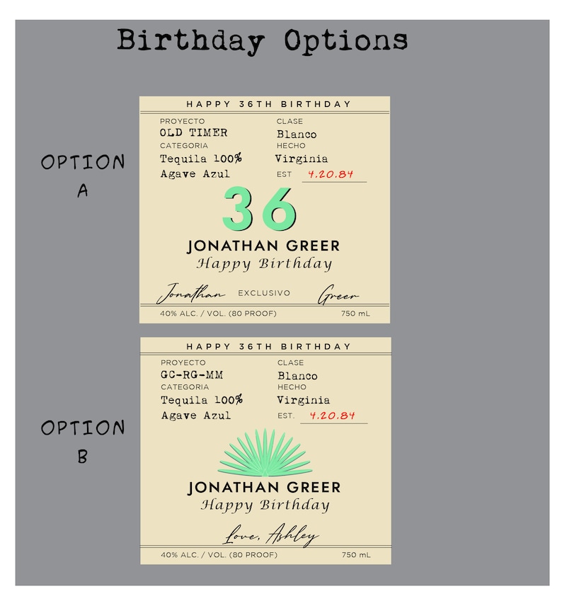 K&ouml;nnte beinhalten: Zwei Mockup-Etiketten f&uuml;r eine Flasche Tequila. Die Etiketten sind beige mit gr&uuml;nen Akzenten und tragen den Text "Happy 36th Birthday" und "Jonathan Greer". Das erste Etikett tr&auml;gt den Text "Old Timer" und "Agave Azul". Das zweite Etikett tr&auml;gt den Text "GC-RG-MM" und "Agave Azul".