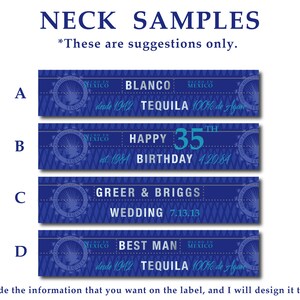 May include: Four blue and white neck label designs with different text. The labels feature a blue and white eagle logo with the text "Hecho en Mexico" and "Tequila". The text on the labels includes "Blanco", "Happy 35th Birthday", "Greer & Briggs Wedding 7.13.13", and "Best Man".