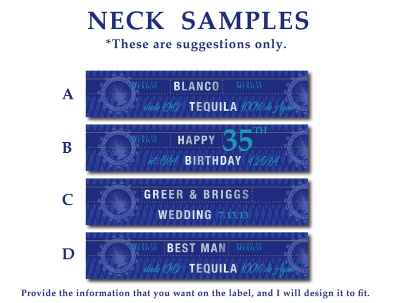 May include: Four blue and white neck label designs with different text. The labels feature a blue and white eagle logo with the text "Hecho en Mexico" and "Tequila". The text on the labels includes "Blanco", "Happy 35th Birthday", "Greer & Briggs Wedding 7.13.13", and "Best Man".
