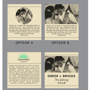 K&ouml;nnte beinhalten: Vier verschiedene R&uuml;ckseitenoptionen f&uuml;r eine Hochzeitseinladung. Option A und B zeigen ein tanzendes Paar mit einem Textfeld, in dem steht: "Vielen Dank, dass du an meiner Seite bist, w&auml;hrend einer der wichtigsten Momente meines Lebens! Du warst immer an meiner Seite, durch gute Zeiten, be&auml;ngstigende Zeiten und richtig schlechte Zeiten, und es ist mir eine Ehre, dich heute an meiner Seite zu haben. Danke!" Option C zeigt ein Logo f&uuml;r Casamigos Tequila mit einem Textfeld, in dem steht: "LOREM IPSUM DOLOR SIT AMET, CONSECTETUER ADIPISCING ELIT, SED DIAM NONUMMY NIBH EUISMOD TINCIDUNT UT LAOREET DOLORE MAGNA ALIQUAM ERAT VOLUTPAT. UT WISI ENIM AD MINIM VENIAM, QUIS NOSTRUD EXERCI TATION ULLAMCORPER SUSLOREM IPSUM DOLOR SIT AMET, CONSECTETUER ADIPISCING ELIT, SED DIAM NONUMMY NIBH EUISMOD TINCIDUNT UT LAOREET DOLORE MAGNA ALIQUAM ERAT VOLUTPAT. UT WISI ENIM AD MINIM VENIAM, QUIS NOSTRUD EXERCI TATION ULLAMCORPER SUS". Option D zeigt eine Hochzeitseinladung mit dem Text "GREER + BRIGGS Hochzeit 7.7.13".