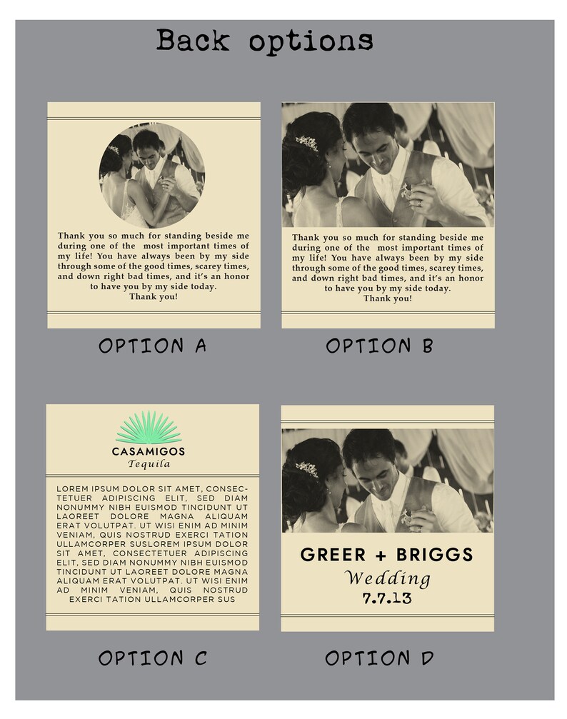 K&ouml;nnte beinhalten: Vier verschiedene R&uuml;ckseitenoptionen f&uuml;r eine Hochzeitseinladung. Option A und B zeigen ein tanzendes Paar mit einem Textfeld, in dem steht: "Vielen Dank, dass du an meiner Seite bist, w&auml;hrend einer der wichtigsten Momente meines Lebens! Du warst immer an meiner Seite, durch gute Zeiten, be&auml;ngstigende Zeiten und richtig schlechte Zeiten, und es ist mir eine Ehre, dich heute an meiner Seite zu haben. Danke!" Option C zeigt ein Logo f&uuml;r Casamigos Tequila mit einem Textfeld, in dem steht: "LOREM IPSUM DOLOR SIT AMET, CONSECTETUER ADIPISCING ELIT, SED DIAM NONUMMY NIBH EUISMOD TINCIDUNT UT LAOREET DOLORE MAGNA ALIQUAM ERAT VOLUTPAT. UT WISI ENIM AD MINIM VENIAM, QUIS NOSTRUD EXERCI TATION ULLAMCORPER SUSLOREM IPSUM DOLOR SIT AMET, CONSECTETUER ADIPISCING ELIT, SED DIAM NONUMMY NIBH EUISMOD TINCIDUNT UT LAOREET DOLORE MAGNA ALIQUAM ERAT VOLUTPAT. UT WISI ENIM AD MINIM VENIAM, QUIS NOSTRUD EXERCI TATION ULLAMCORPER SUS". Option D zeigt eine Hochzeitseinladung mit dem Text "GREER + BRIGGS Hochzeit 7.7.13".