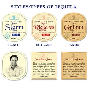 May include: Three tequila bottle labels with a gold background and black text. The labels are for "Susan Storm", "Reed Richards", and "Ben Grimm". The labels are for a blanco, reposado, and anejo tequila. Below the labels are three different images. The first image is a close-up of a person's face. The second image is a thank you card with the text "Jonathan Greer" and a message of gratitude. The third image is the same thank you card.