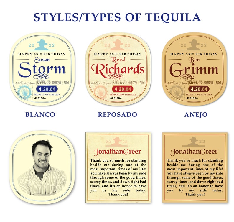 May include: Three tequila bottle labels with a gold background and black text. The labels are for "Susan Storm", "Reed Richards", and "Ben Grimm". The labels are for a blanco, reposado, and anejo tequila. Below the labels are three different images. The first image is a close-up of a person's face. The second image is a thank you card with the text "Jonathan Greer" and a message of gratitude. The third image is the same thank you card.
