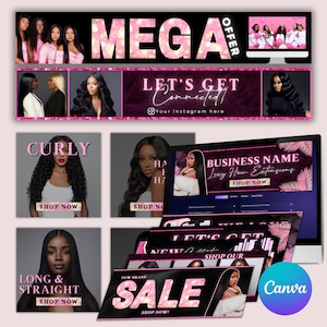 May include: A collection of social media graphics for a hair extensions business. The graphics feature a pink and black color scheme with glitter accents. The text on the graphics includes "Mega Offer", "Let's Get Connected", "Curly", "Long & Straight", "Business Name Luxury Hair Extensions", "Shop Now", and "New Brand Sale".