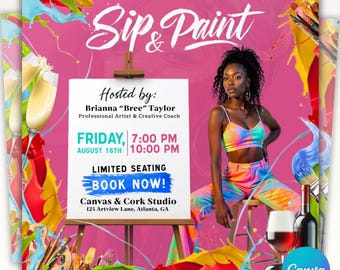 Sip And Paint Flyer, Paint Party Flyer, DIY Flyer Template Design, Premade Business Event Flyer, Sip and Shop Flyer, Canva Template,Editable