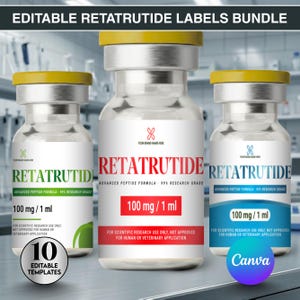 May include: A bundle of three glass vials with yellow caps, labeled "RETATRUTIDE." Each vial displays "100 mg / 1 ml" and "Advanced Peptide Formula - 99% Research Grade." The labels also include the text "For scientific research use only, not approved for human or veterinary application."
