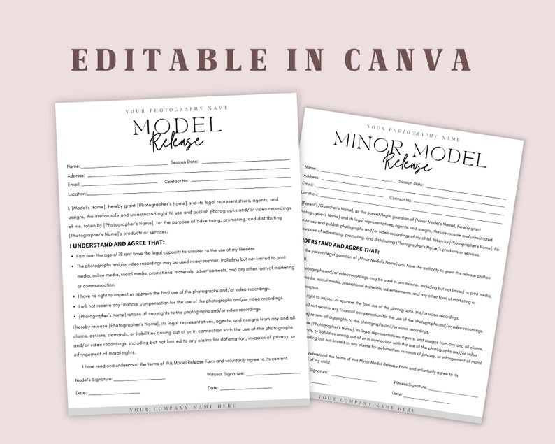 Model Release Form Template | Photography Forms | Minor Model Release ...