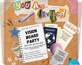 Peut inclure: Une invitation colorée pour une fête de création de tableau de vision. L'invitation présente un fond en liège avec diverses images découpées, notamment un passeport, un avion et un globe terrestre. Le texte de l'invitation indique "You Are Invited" et "Vision Board Party".