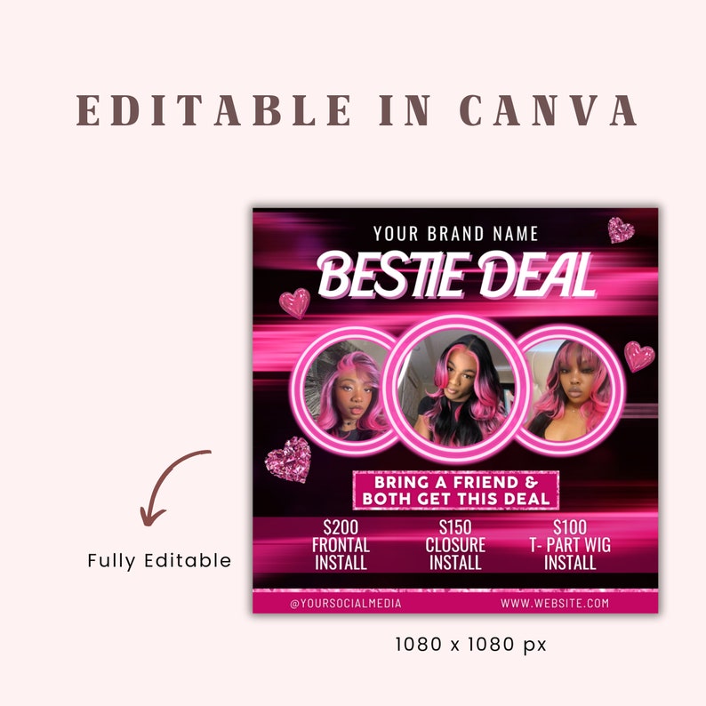 Breng een vriend flyer mee, breng een vriend speciale Bestie Deal Flyer Canva-sjabloon, roze flyer voor haar vlechten wimpers pruiken nagels make-up promotie afbeelding 3