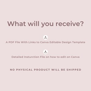 May include: Text on a pink background that reads "What will you receive?" with two download icons and the text "A PDF File With Links to Canva Editable Design Template" and "Detailed Instruction File on how to edit on Canva". The text "NO PHYSICAL PRODUCT WILL BE SHIPPED" is at the bottom of the image.