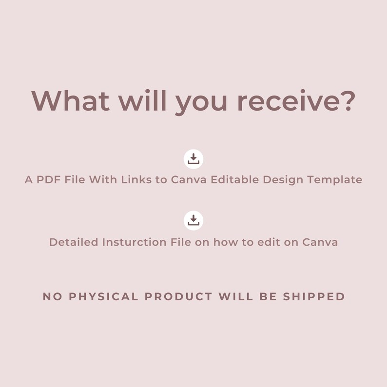 May include: Text on a pink background that reads "What will you receive?" with two download icons and the text "A PDF File With Links to Canva Editable Design Template" and "Detailed Instruction File on how to edit on Canva". The text "NO PHYSICAL PRODUCT WILL BE SHIPPED" is at the bottom of the image.
