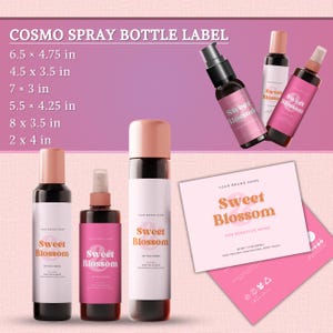 May include: A collection of dark spray bottles and a rectangular label featuring the text Sweet Blossom. The label lists dimensions including 6.5 x 4.75 in, 4.5 x 3.5 in, 7 x 3 in, 5.5 x 4.25 in, 8 x 3.5 in, and 2 x 4 in. The branding includes Your Brand Name.