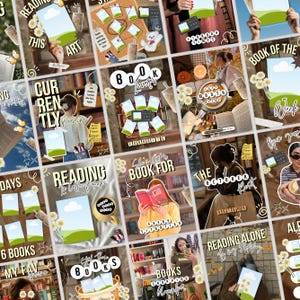 May include: A digital social media template set for book enthusiasts featuring various layouts with text overlays like Reading This Art, Book Lover, and Reading Is Coffee Break, decorated with illustrations of daisies, coffee, and books.
