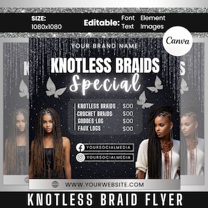 Knotless Braid Flyer, Braid Special Flyer, Braids Price List, Braid Template, Social Media Template Editable Canva Templates