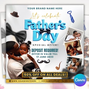 Volantino per prenotazioni per la festa del papà, offerta speciale per la festa del papà, volantino per trucco, unghie, ciglia, installazione parrucche, volantino per social media, modificabile con Canva
