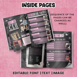 Peut inclure: Une page de magazine en noir et blanc avec le titre "Inside Pages" et le texte "Modern Hair Trends" et "Hair Care Tips". Le magazine pr&eacute;sente des images de diff&eacute;rentes coiffures et des conseils pour les soins des cheveux.