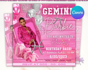 Folleto de cumpleaños de Géminis, Invitación de cumpleaños de Géminis, Evento de cumpleaños, Plantilla de volante de fiesta, Canva editable, Descarga instantánea