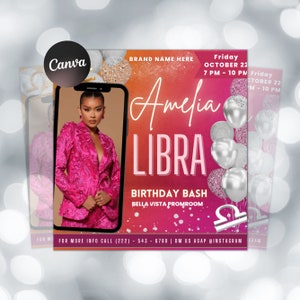 Libra Birthday Flyer, Birthday Template, Birthday Girl, Party Flyer, Celebration Flyer, Birthday Event, Birthday Invite,Canva Flyer Template