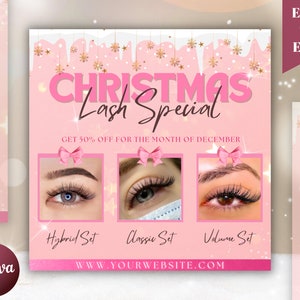 Könnte beinhalten: Rosa-goldene Weihnachtswerbung für Wimpernverlängerungen. Die Anzeige zeigt drei verschiedene Wimpernsätze: Hybrid, Classic und Volume. Der Text lautet "Christmas Lash Special" und "Erhalten Sie 50 % Rabatt für den Monat Dezember". Die Website-Adresse lautet "www.yourwebsite.com".