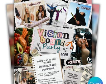 Peut inclure: Une invitation de style collage pour une soirée de vision board, avec le texte "Vision Board Party 2026". Le design comprend des images d'amitié, de voyage, de carrière, de santé et d'amour, avec le texte "Goals, Glue, and Good Vibes!"