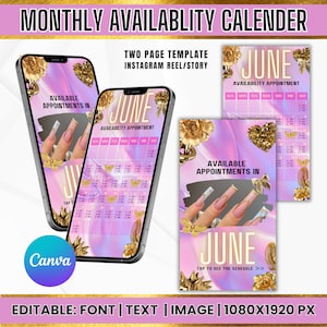 Monthly Availability Calendar Instagram Story, Instagram Story Schedule Template, Available Appointments Calendar, Editable Canva Template