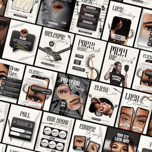 May include: A collection of social media templates for lash and brow services featuring black and white graphics, text overlays like Lash Booking, Client Reviews, and Brow Care Guide, and imagery of eyes, lash tools, and salon furniture.