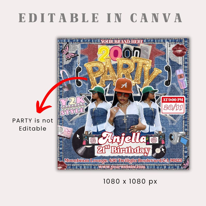 May include: A square digital invitation with a denim background, featuring the text "2000 PARTY" in gold glitter. The invitation includes the text "Anjella 21st Birthday" and "Y2K STYLE". The invitation is editable in Canva.