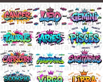 12 Zodiac PNG Bundle, Horoscope Designs for Sublimation, Printable Astrology Signs PNG Bundle, Airbrushed Zodiac Art for Shirts and Crafts