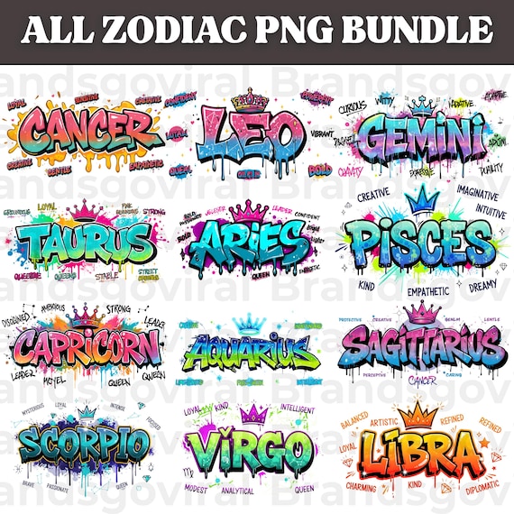 Horoscope Sublimation Designs 12 Zodiac PNG Bundle, Horoscope Designs For Sublimation, Printable Astrology  Signs PNG Bundle, Airbrushed Zodiac Art For Shirts And Crafts