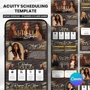 May include: A digital Acuity Scheduling template for a hair salon featuring the text Aurelle Studios. The design includes sections for booking policies, hair artist profiles, service menus, and contact information, all displayed in a dark theme.