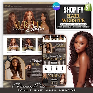 May include: A digital template for a Shopify hair salon website featuring gold and black branding, multiple images of models with various hairstyles, product categories like Signature Bundle, and text including Aurelle Studios and Bonus Raw Hair Photos.