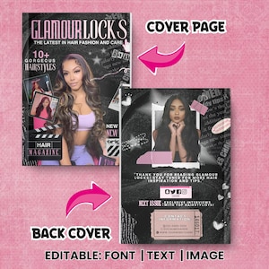 Peut inclure: Une couverture de magazine avec un fond noir et blanc mettant en sc&egrave;ne une femme aux longs cheveux noirs. Le magazine s'intitule "GlamourLocks" et pr&eacute;sente le texte "The Latest in Hair Fashion and Care". La couverture comprend &eacute;galement le texte "10+ Gorgeous Hairstyles" et "Hair Magazine".