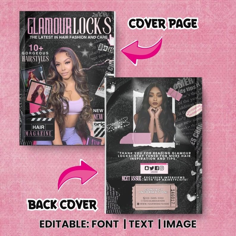 Peut inclure: Une couverture de magazine avec un fond noir et blanc mettant en sc&egrave;ne une femme aux longs cheveux noirs. Le magazine s'intitule "GlamourLocks" et pr&eacute;sente le texte "The Latest in Hair Fashion and Care". La couverture comprend &eacute;galement le texte "10+ Gorgeous Hairstyles" et "Hair Magazine".