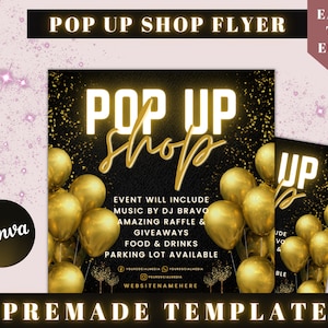 Puede incluir: Un folleto negro y dorado con el texto "Pop Up Shop" en letras blancas grandes. El folleto presenta un fondo de confeti dorado y globos. El texto "Event will include music by DJ Bravo, amazing raffle & giveaways, food & drinks, parking lot available" está listado debajo del título. Los iconos de redes sociales y una dirección de sitio web se incluyen en la parte inferior del folleto.