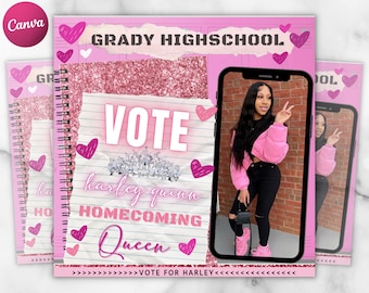 Pink Homcoming Flyer, Homecoming Queen Flyer, Homecoming Class Campaign Flyer, Homecoming Election Flyer, Vote For Me Flyer, Canva Editable
