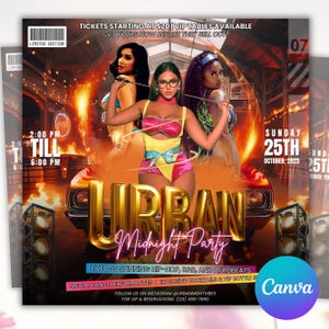 May include: A promotional flyer for an "Urban Midnight Party" with three women in the center. The flyer has a fiery background and gold lettering. Text includes "Live DJs spinning Hip-Hop, R&B, and Afrobeats" and "Sunday, October 25th, 2025."