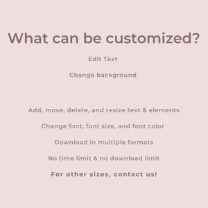 May include: A light pink graphic with the text "What can be customised?" followed by a list of customisation options: edit text, change background, resize text, change font, download in multiple formats, and contact us for other sizes.