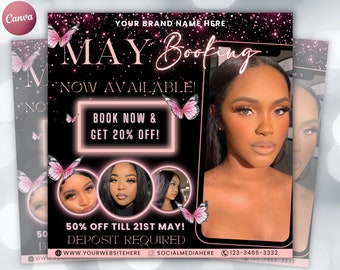 Mai-Buchungsflyer, Mai-Buchungen verfügbar, Mai-Terminflyer, Frühlingsflyer, Haare, Nägel, Make-up, Wimpern