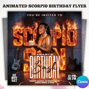 Animated Scorpio Birthday Flyer, Birthday Girl, Happy Birthday Flyer, Scorpio Season, Scorpio Party Flyer, Celebration Flyer, Canva Editable