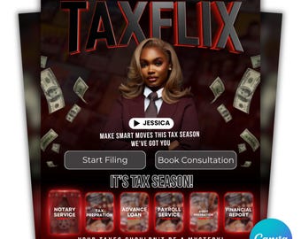May include: A promotional graphic for Taxflix, featuring a woman in a suit with the text "TAXFLIX" in large red letters. The graphic includes the text "MAKE SMART MOVES THIS TAX SEASON WE'VE GOT YOU" and service options like "Start Filing" and "Book Consultation."