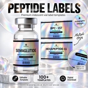 Peut inclure: Un flacon en verre transparent avec un bouchon argenté et une étiquette irisée portant l'inscription SEMAGLUTIDE, accompagné de deux étiquettes rectangulaires irisées BPC-157 et HEXAPEPTIDE-11. Le design inclut des reflets holographiques et 10 MG/VIAL.
